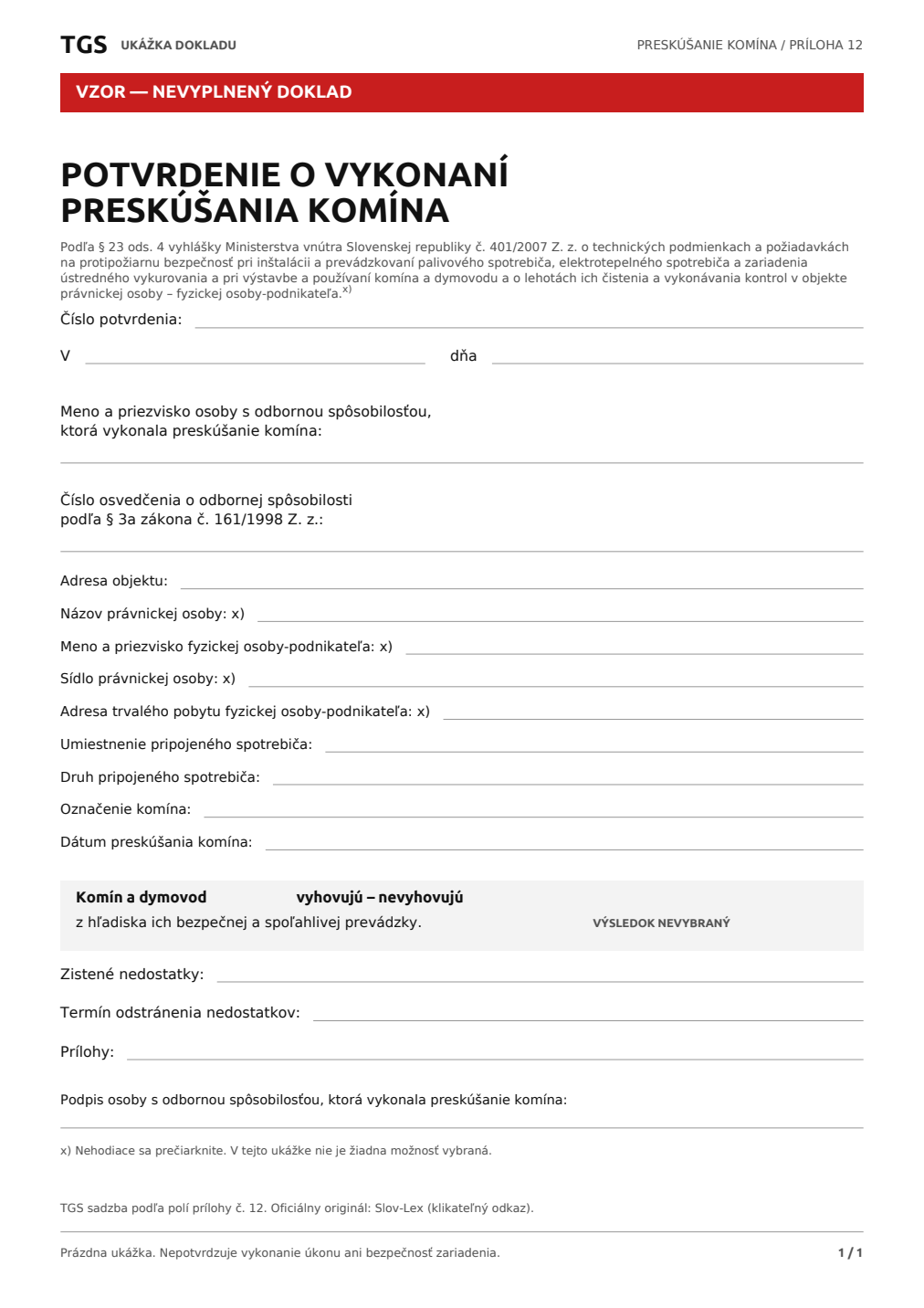 Nevyplnený vzor potvrdenia o preskúšaní komína